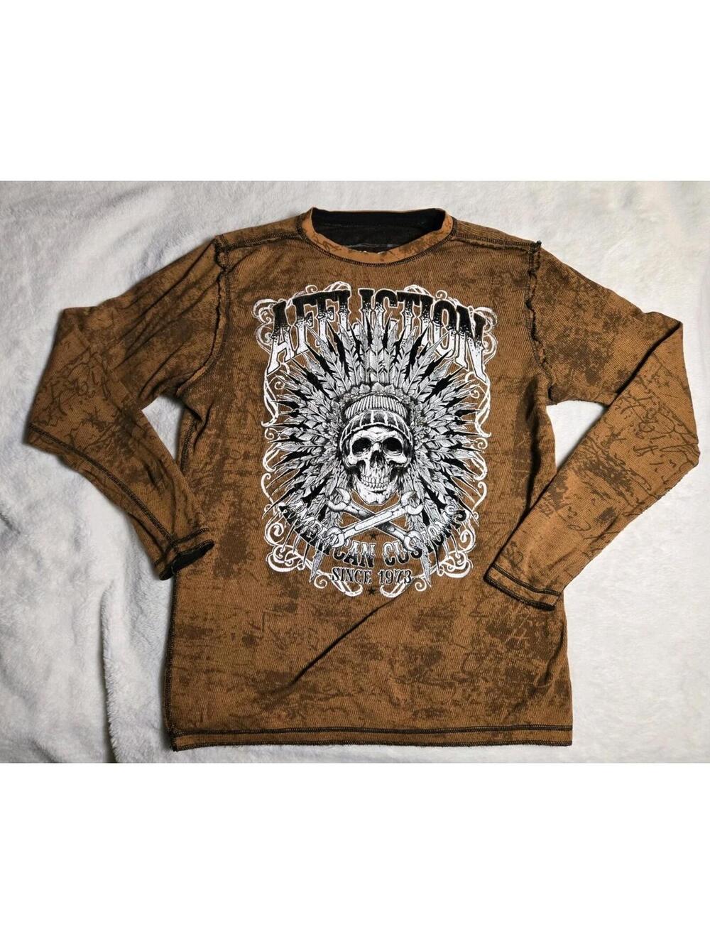 Affliction Reversible Brown/Orange Native American Long Sleeve Thermal Shirt XL